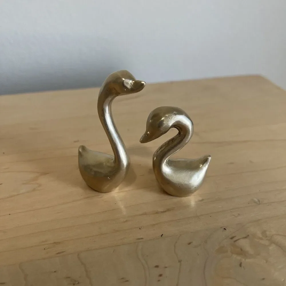 Vintage Pair Brass Swans Geese Small Figurines MCM Mid Century